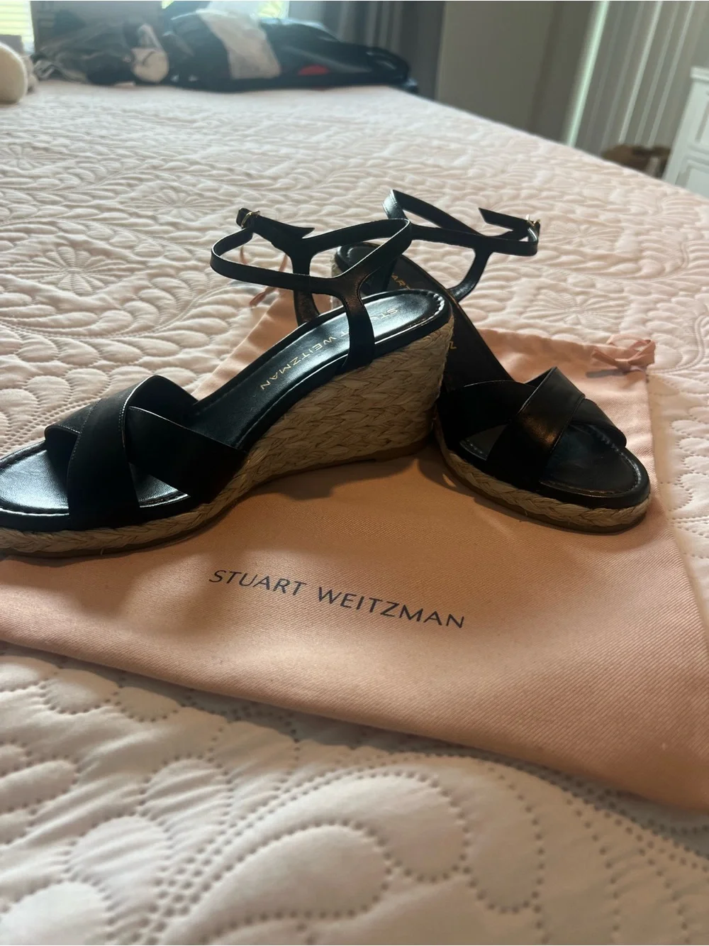 Stuart Weitzman Black Leather Espadrille Wedge Sandals with Ankle Strap - Picture 2 of 5